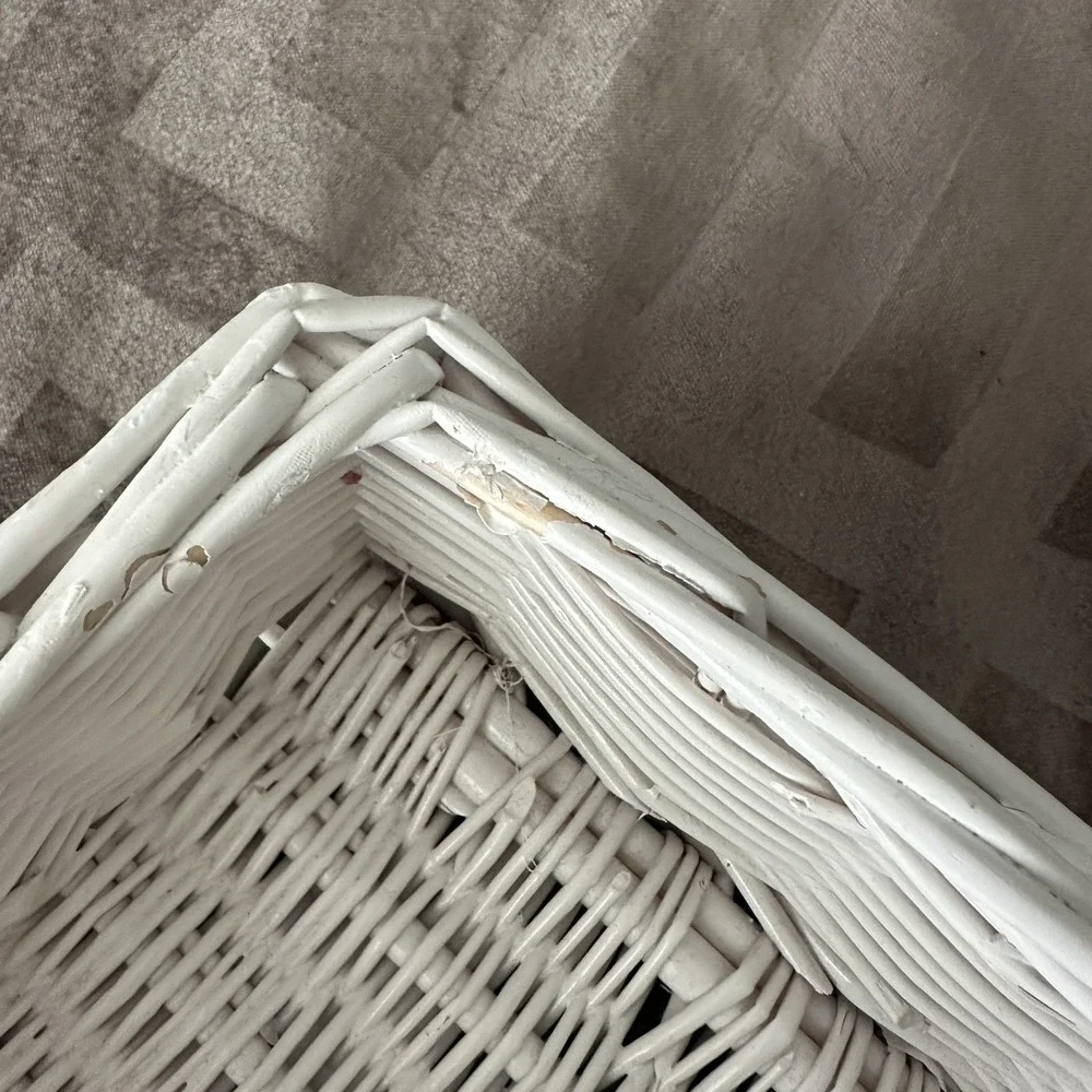 White Wicker Rectangular Basket 17 Inch Farmhouse Table Centerpiece Organizer